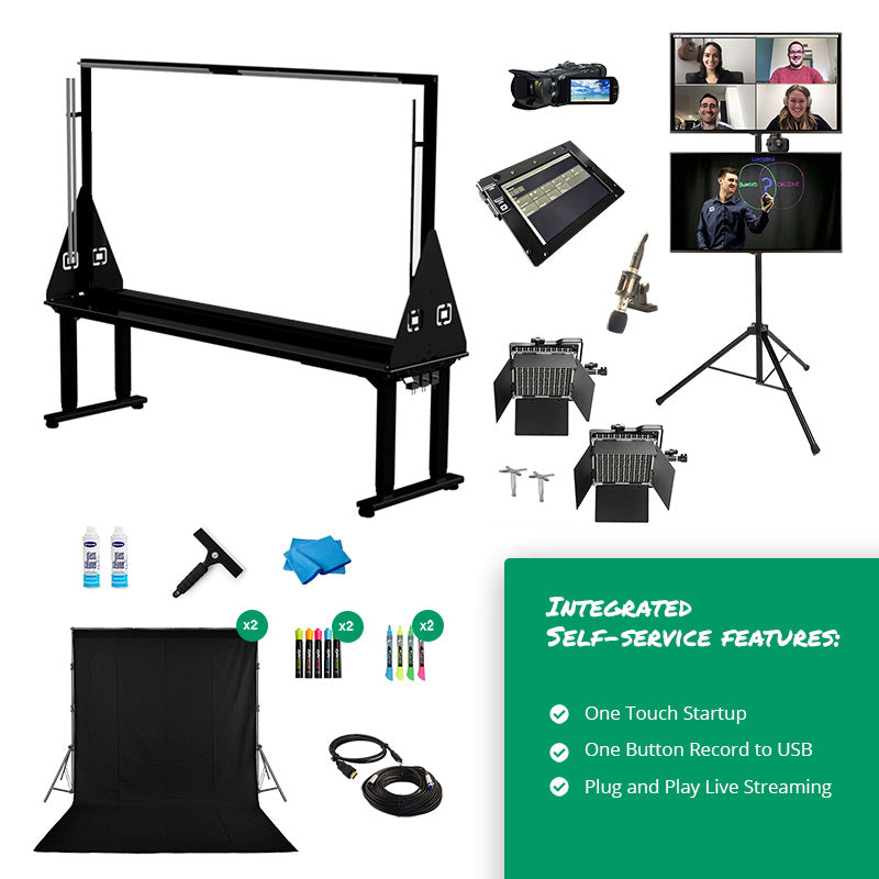 Studio Packages include a lightboard and recording equipment, fully integrated for easy self-service recording of professional video content with a variety of advanced functions.